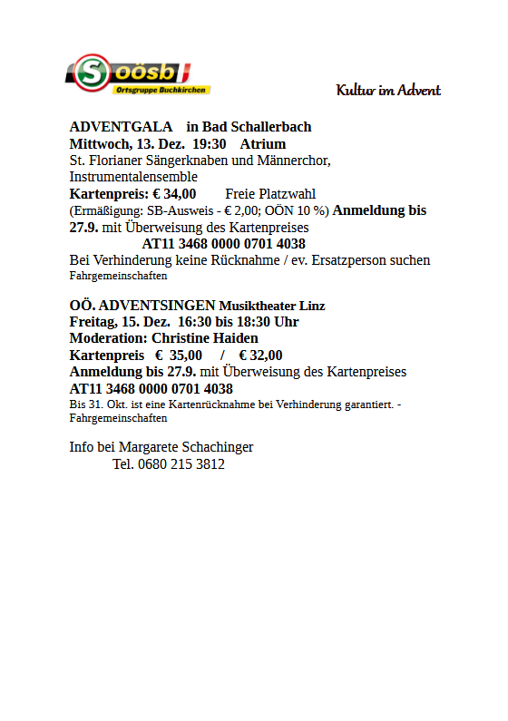Adventsingen in Bad Schallerbach und Linz